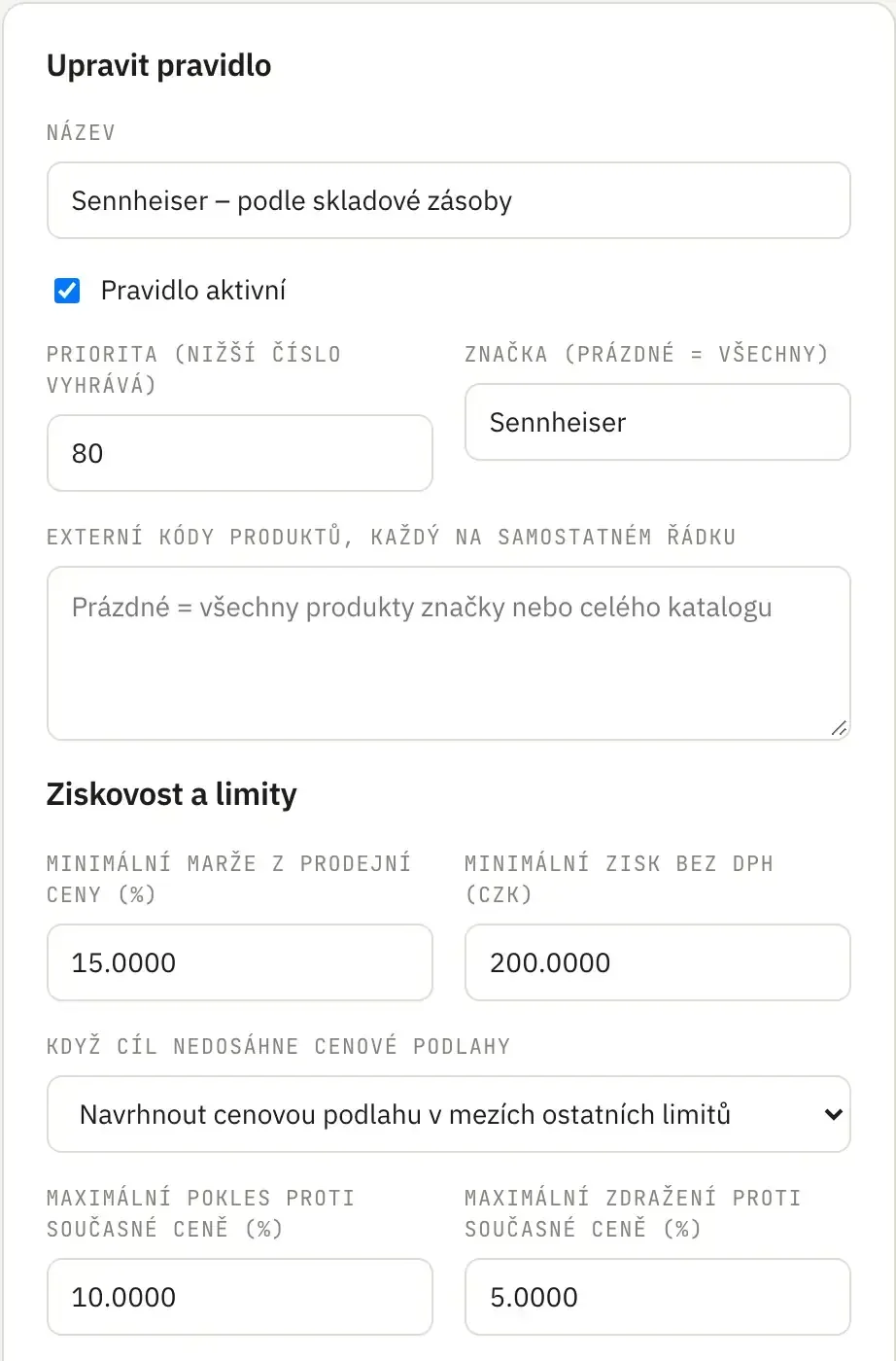 Formulář pravidla s minimální marží, minimálním ziskem, limity změny ceny a výběrem konkurentů